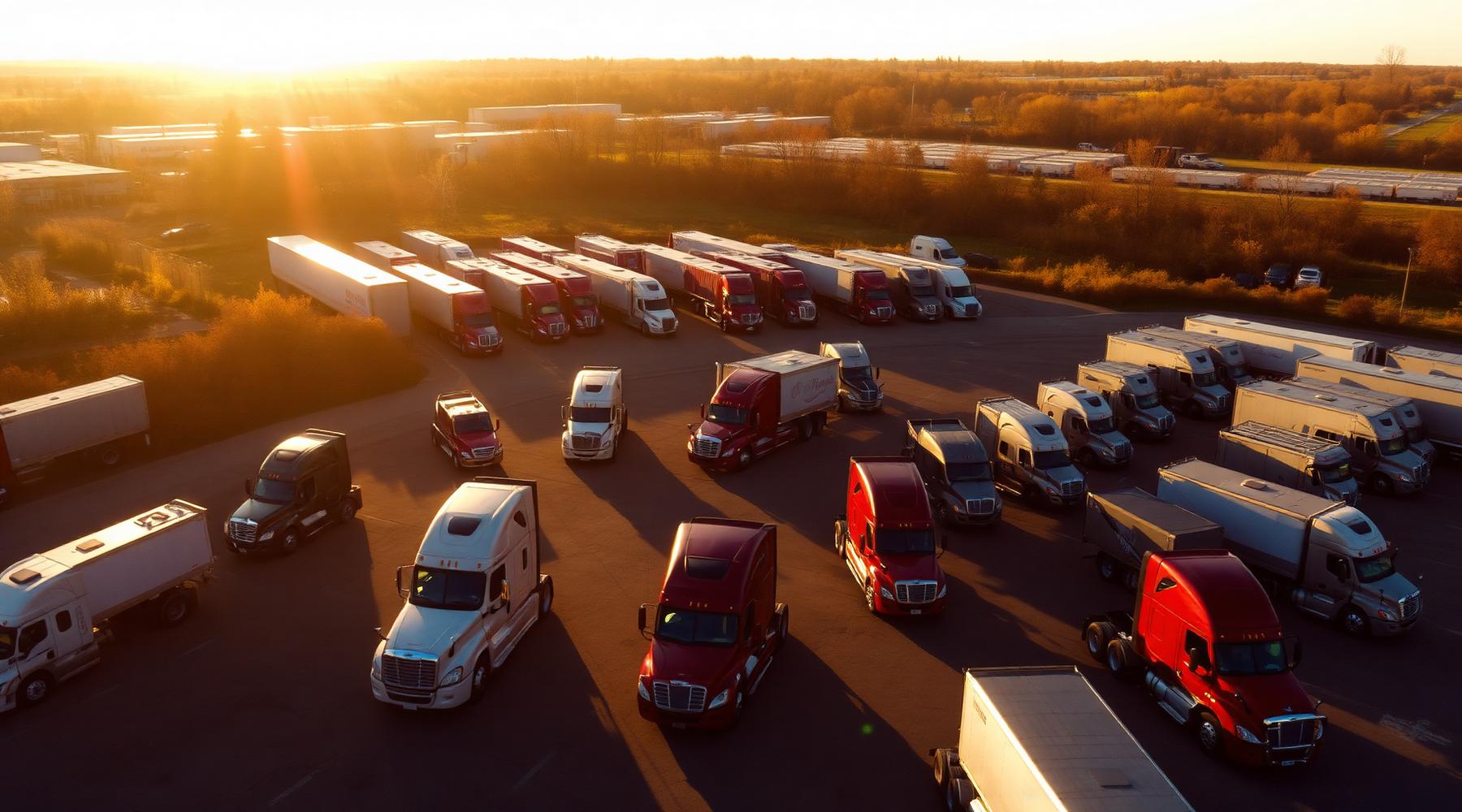 Aerial view of a fleet of parked semi trucks at sunrise